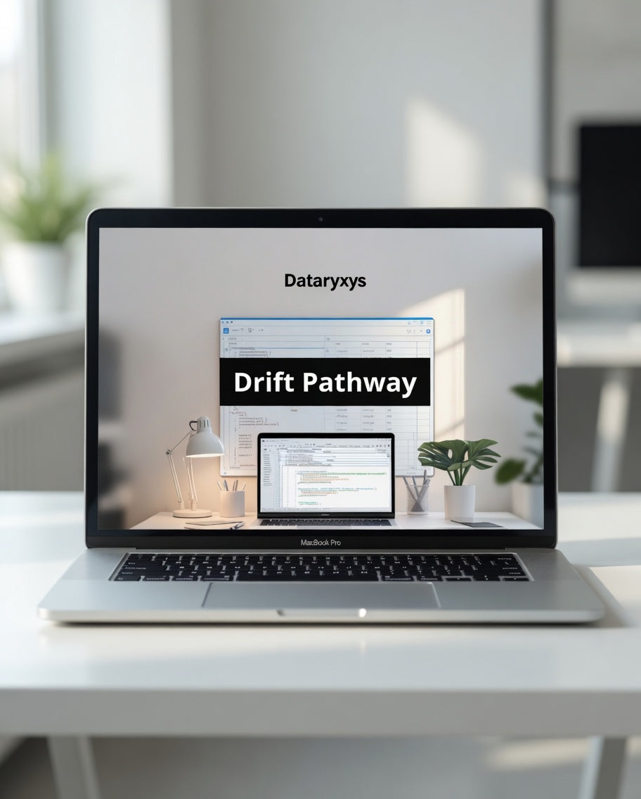 Laptop on a desk displaying the Dataryxys Drift Pathway software interface.