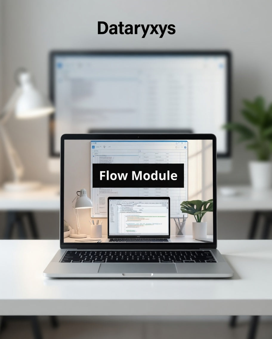 Laptop displaying 'Flow Module' on a desk with a blurred office background, featuring the brand 'Dataryxys'.
