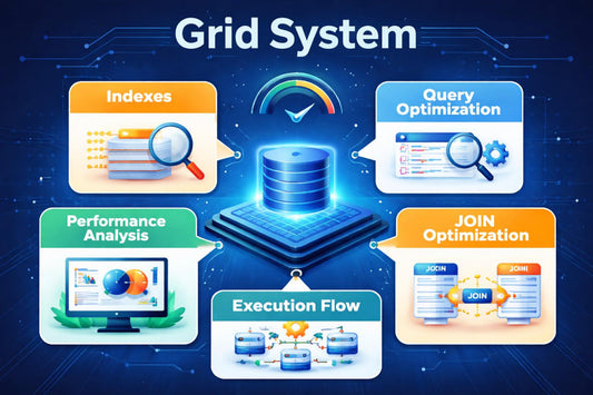 Illustration of a grid system with various components on a blue background