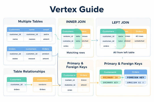 Diagram of table relationships and joins in a database system, titled 'Vertex Guide'.