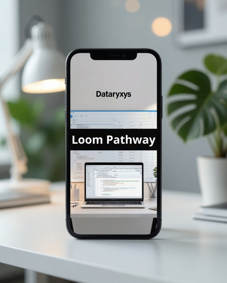 Phone displaying 'Dataryxys Loom Pathway' on a desk with a laptop and plant in the background