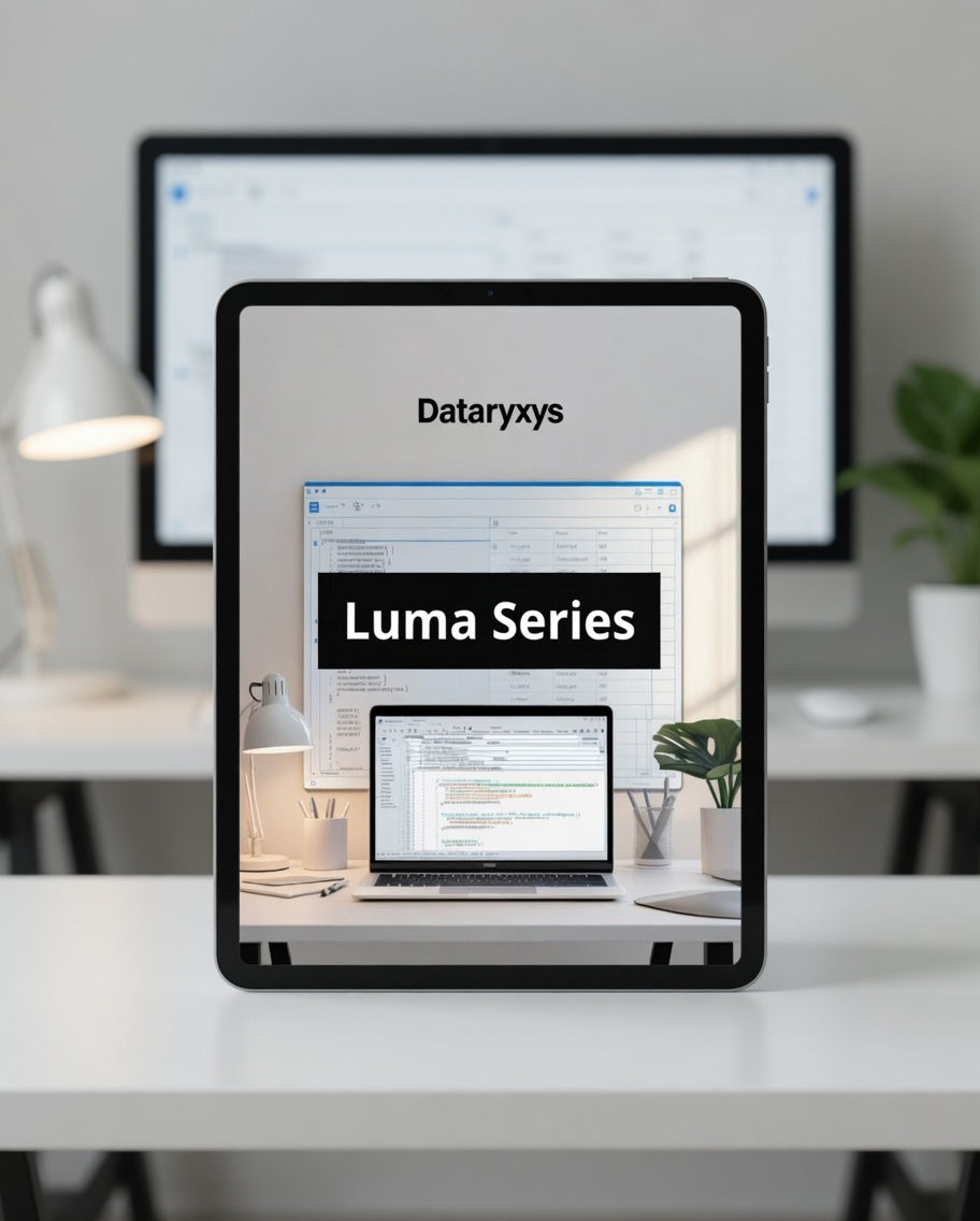 Tablet displaying Dataryxys Luma Series on a desk with a computer monitor in the background.