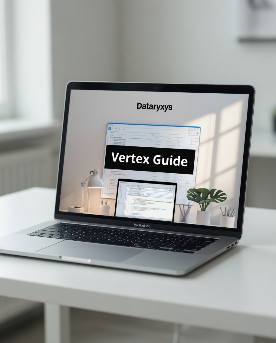 Laptop on a white desk displaying the Dataryxys Vertex Guide on a screen.