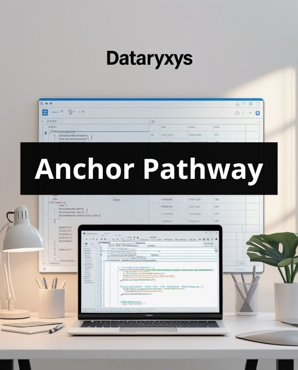 Laptop on a desk with Dataryxys software displayed, featuring the brand name 'Anchor Pathway'.