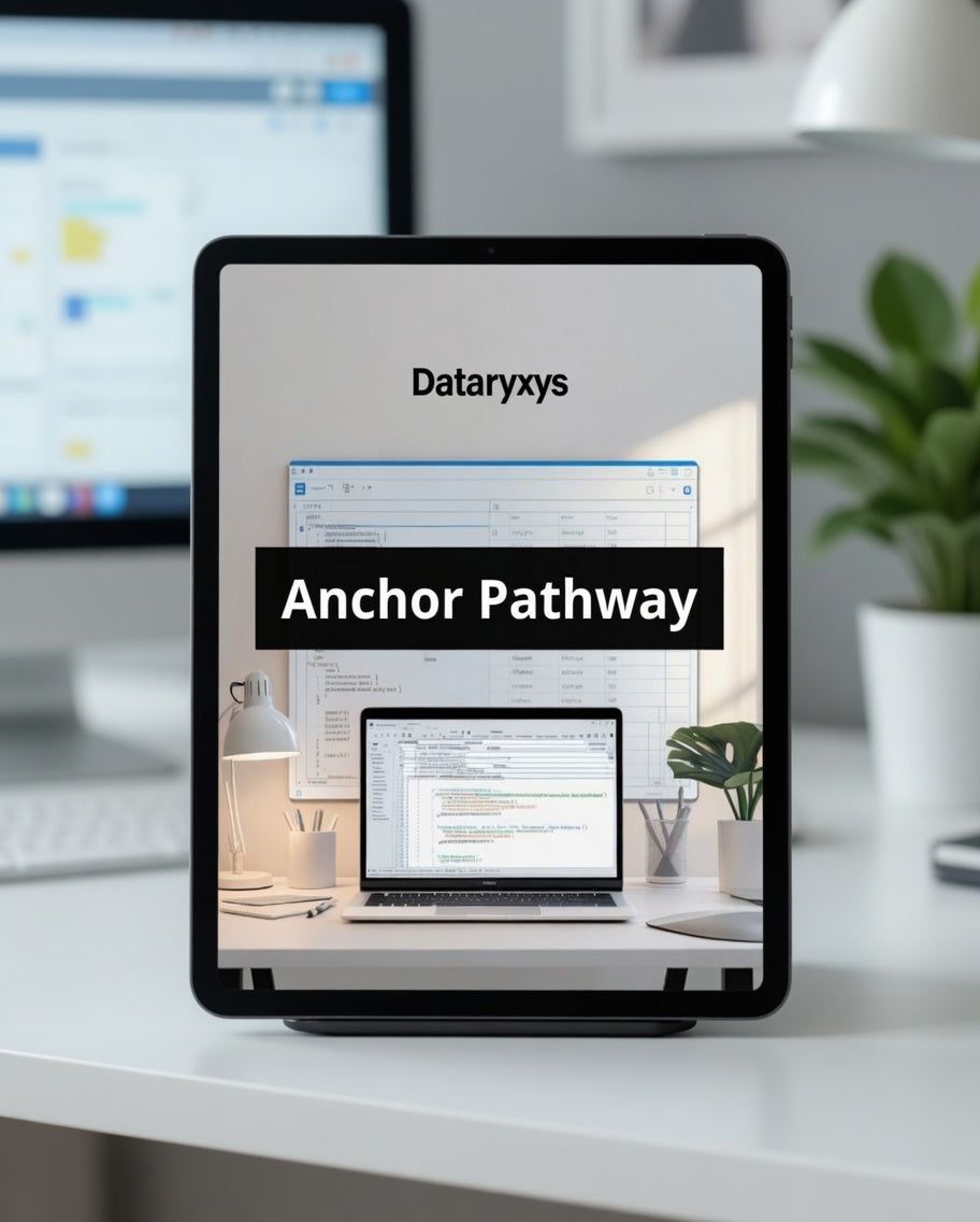 Tablet displaying Dataryxys Anchor Pathway software on a desk with a computer in the background