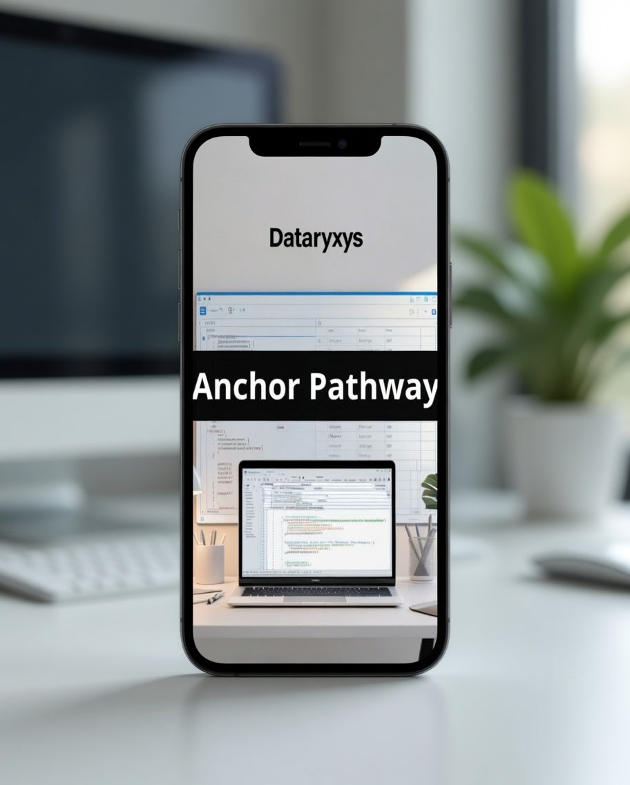 Phone displaying Dataryxys software on a desk with a blurred office background