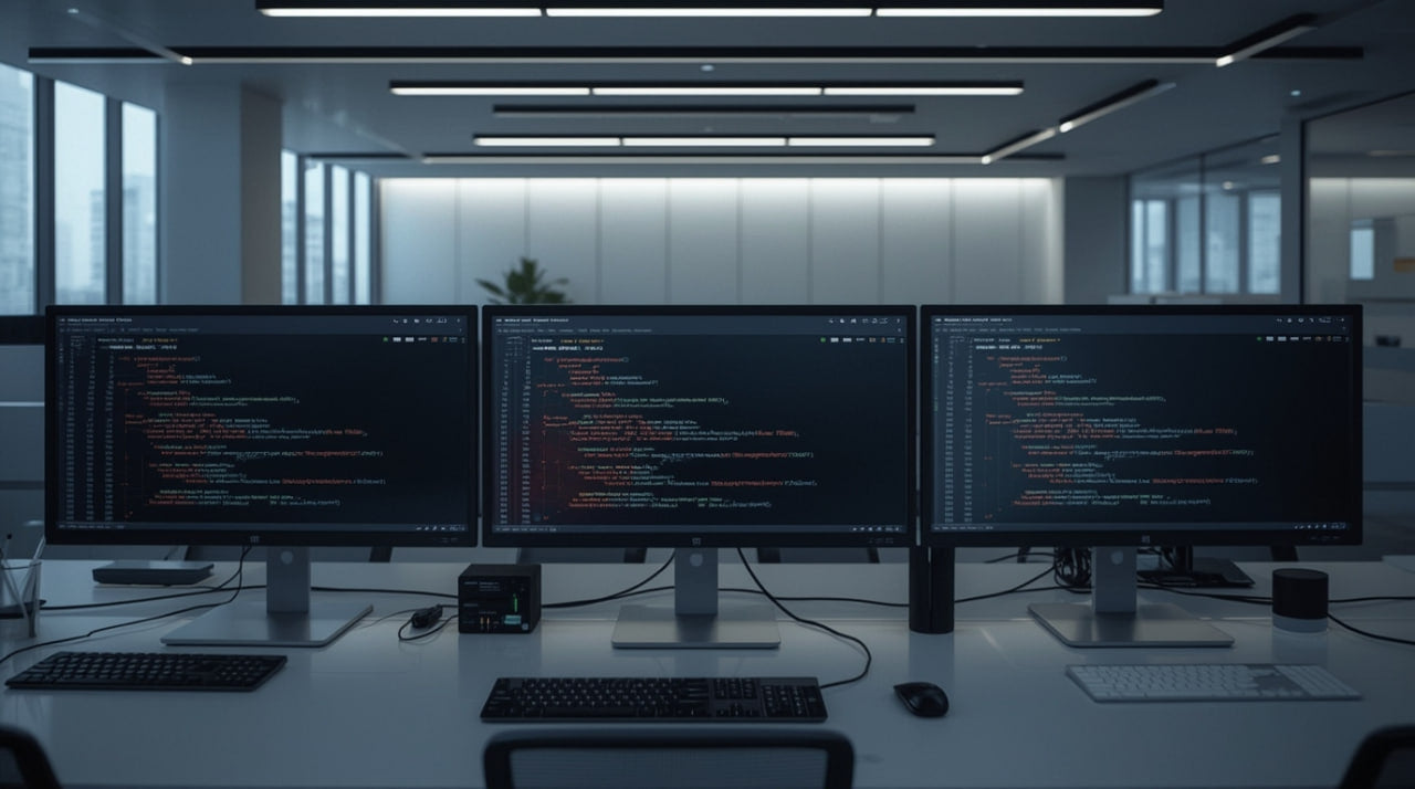 Modern office setup with three computer monitors displaying code on a desk.