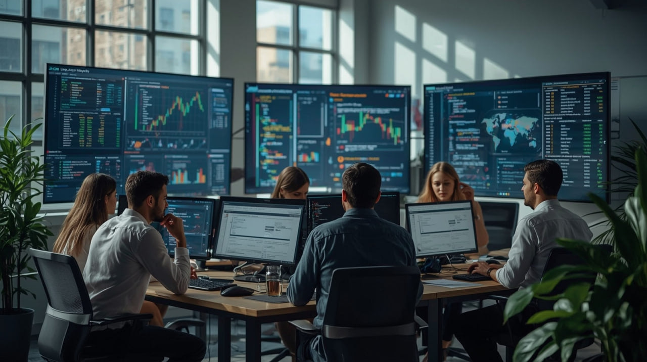 Team of analysts working in a control room with multiple computer monitors displaying data.
