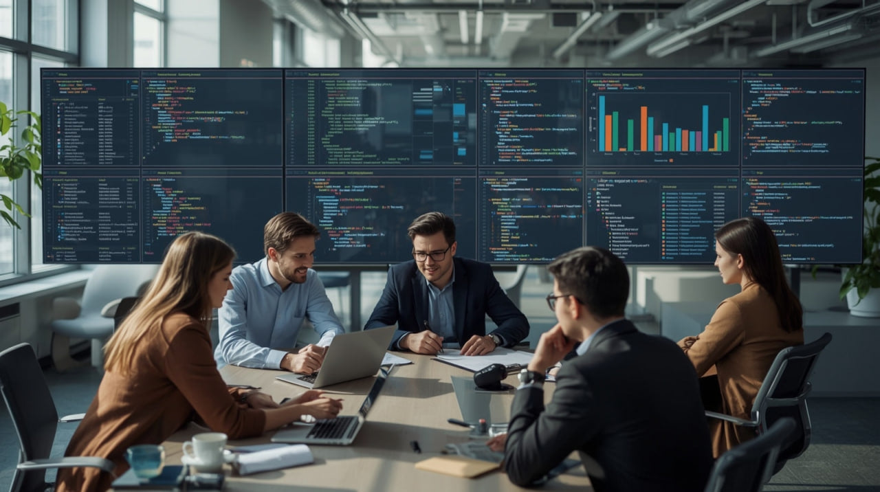 Group of people working in a modern office with large monitors displaying code and graphs.