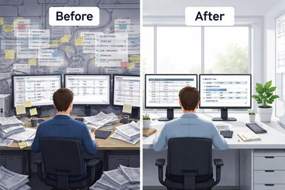 Before and after comparison of a person working at a desk with multiple monitors.