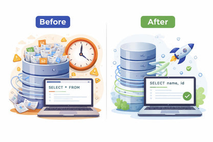 Illustration showing a 'Before' and 'After' comparison of database management systems.