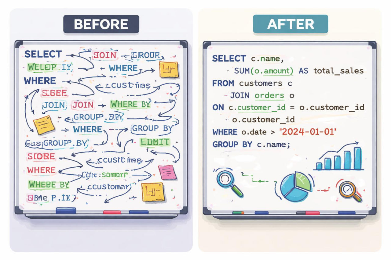 Comparison of SQL query structure before and after simplification on a whiteboard.