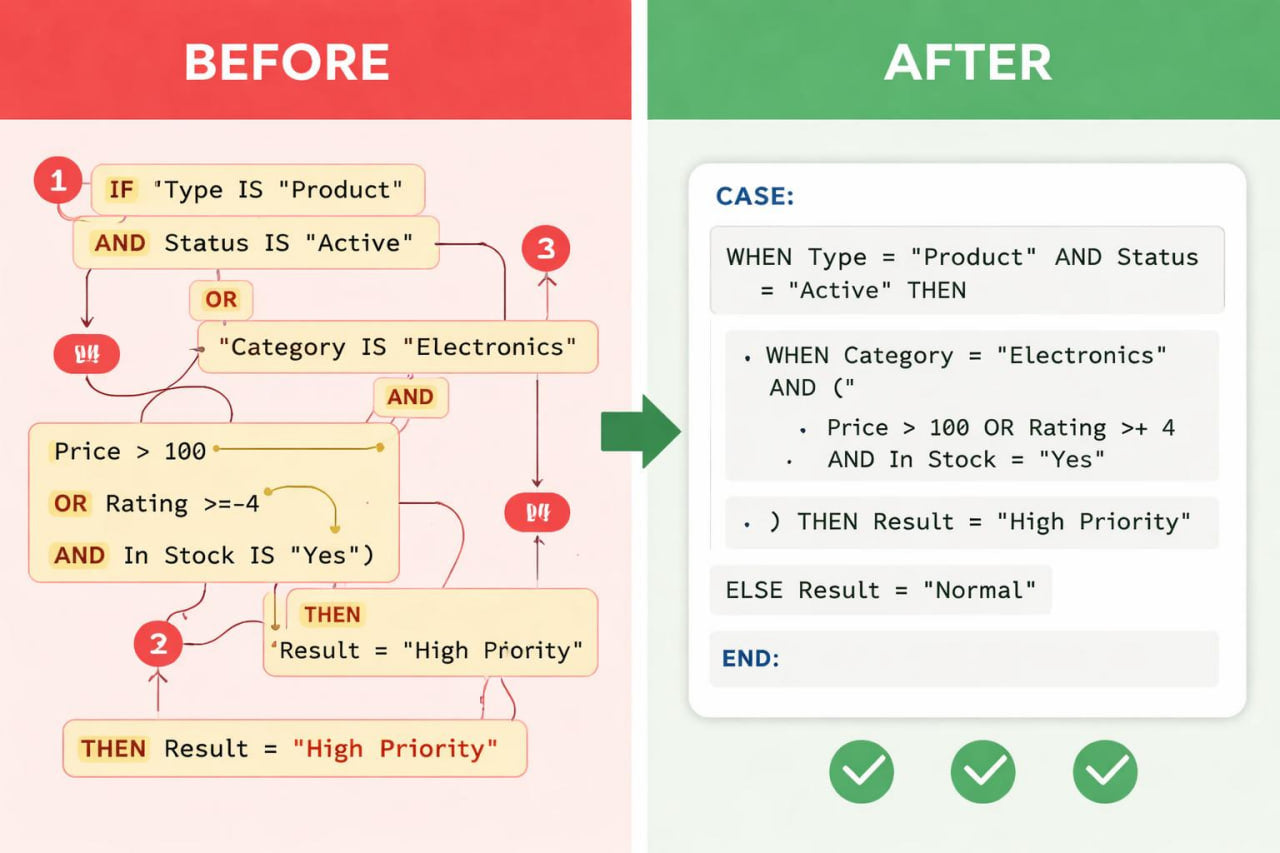 Comparison of a flowchart labeled 'Before' and its corresponding code labeled 'After' on a red and green background.
