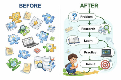 Before and after educational process illustration with icons and a child learning.