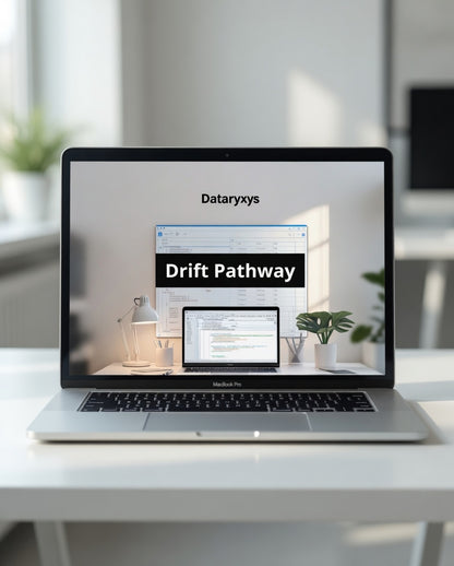 Laptop on a desk displaying the Dataryxys Drift Pathway software interface.