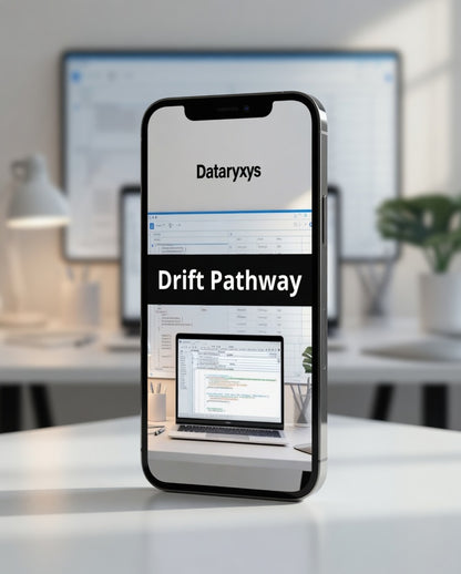 Phone displaying Dataryxs Drift Pathway app with office background