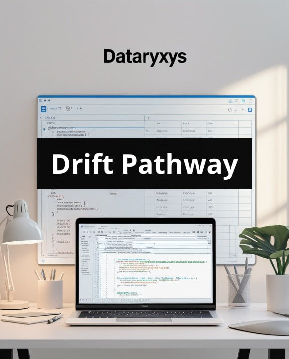 Computer screen displaying 'Drift Pathway' with Dataryxys branding on a desk setup.