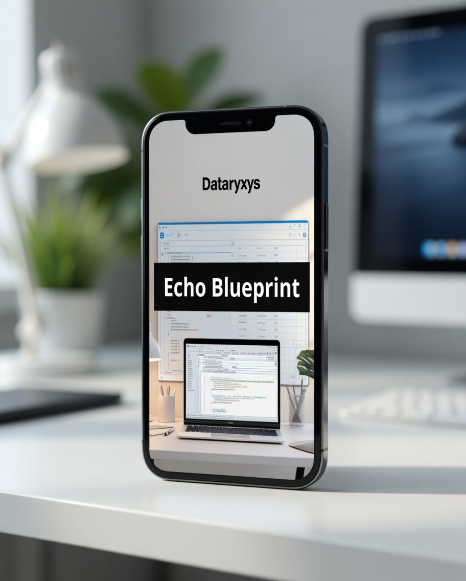Smartphone displaying Dataryxys Echo Blueprint on a desk with office items in the background