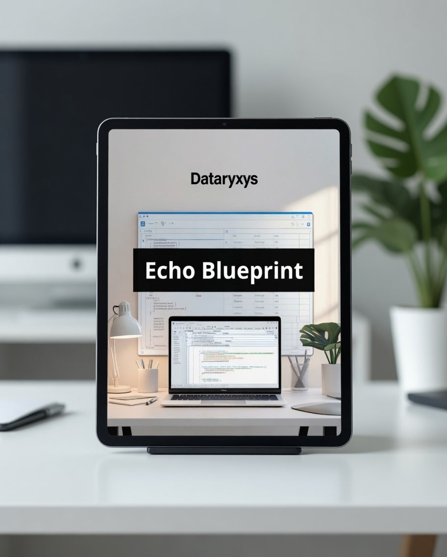Tablet displaying Dataryxys Echo Blueprint on a desk with office items in the background