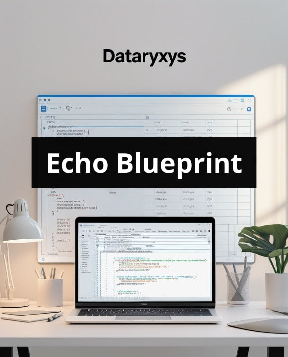 Workstation with computer screens displaying 'Dataryxys Echo Blueprint' on a light background.