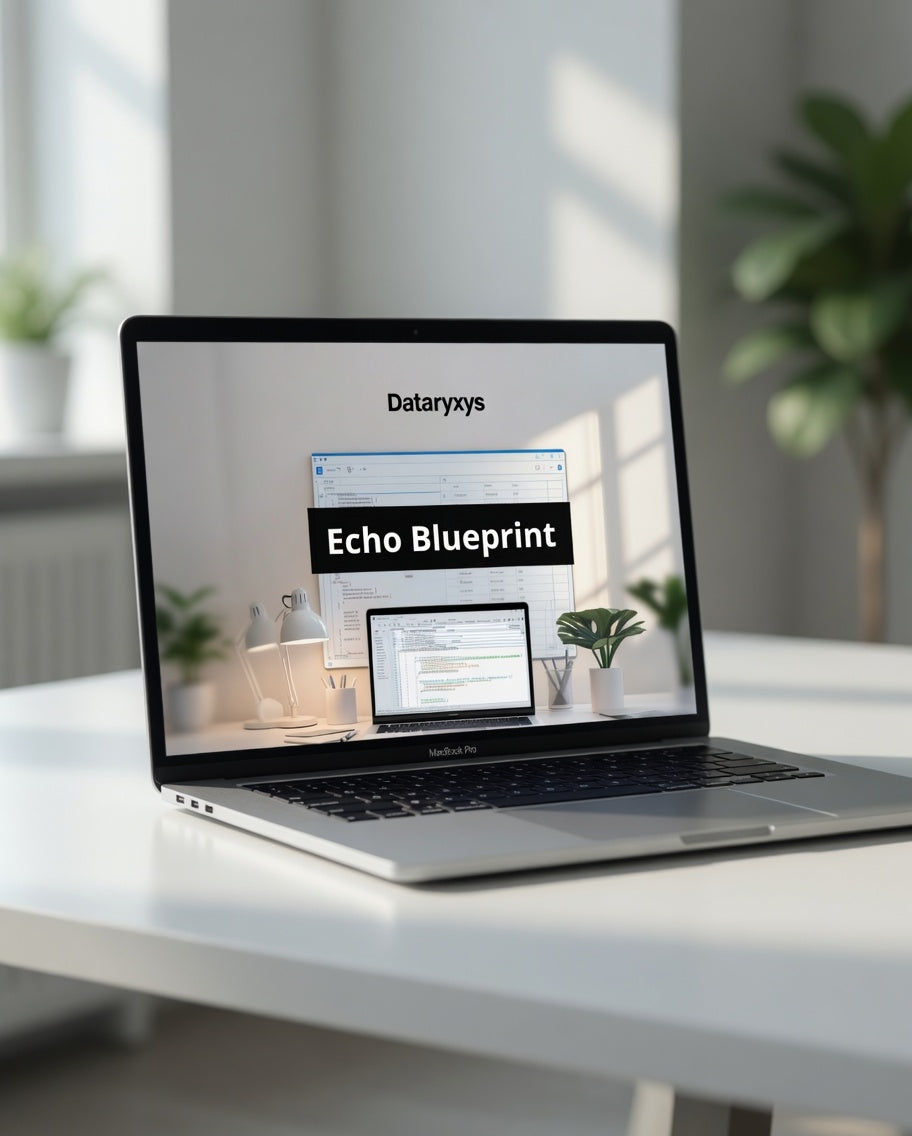 Laptop on a desk with Dataraysys Echo Blueprint displayed on the screen