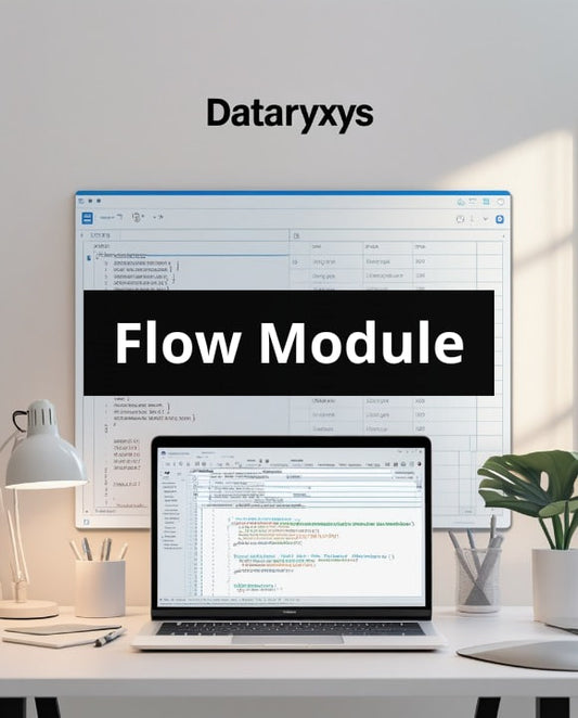 Computer screen displaying 'Flow Module' with Dataryxys branding, on a desk with office items.