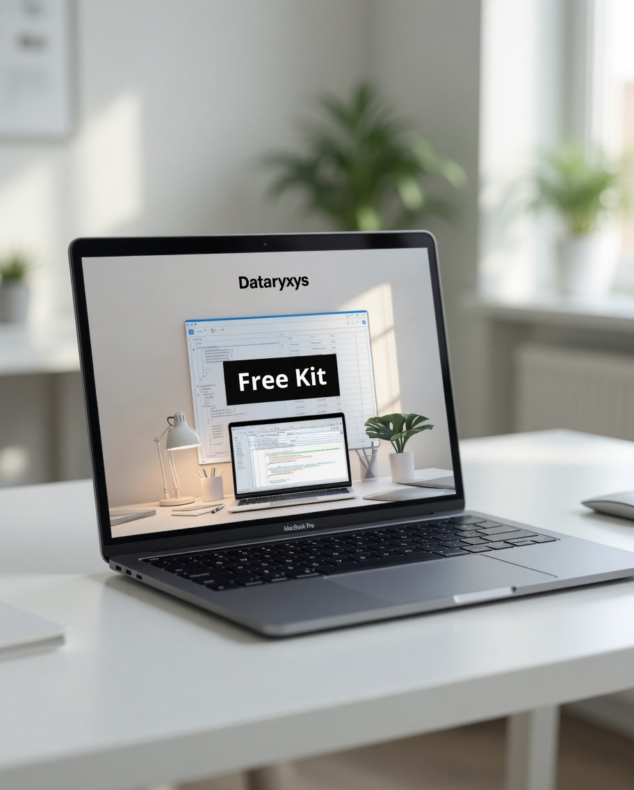Laptop on a desk with Dataryxys Free Kit displayed on the screen