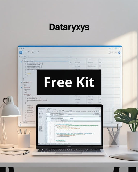 Computer screen displaying a free kit offer with Dataryxys branding, on a desk setup.