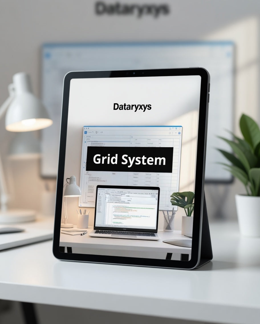 Tablet displaying Dataryxys Grid System on a desk with office setup