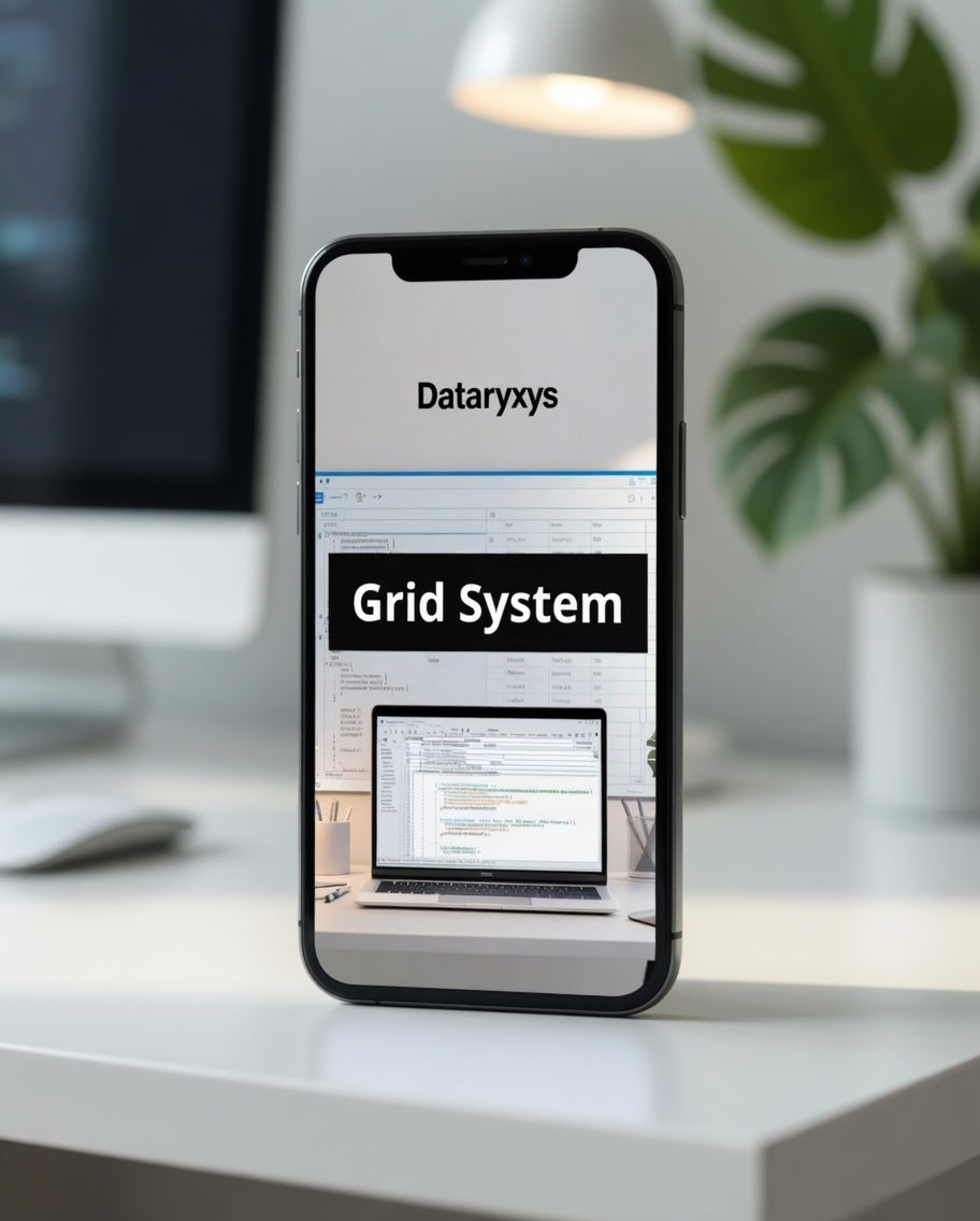 Phone displaying Dataryxys Grid System on a desk with a computer and plant in the background