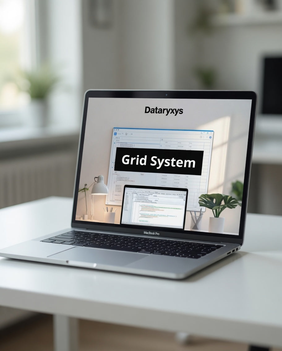 Laptop on a desk displaying the Dataryxys Grid System on a blurred indoor background