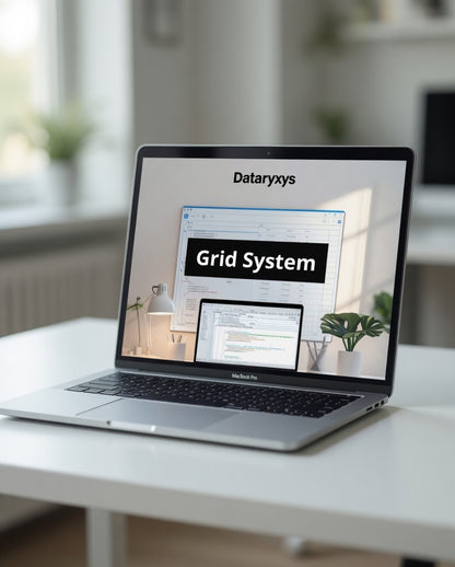 Laptop on a desk displaying the Dataryxys Grid System on a blurred indoor background