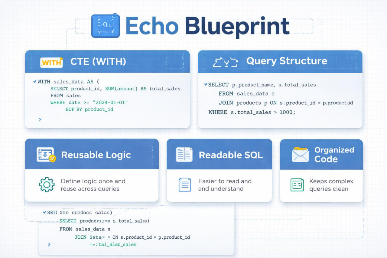 Echo Blueprint software interface with SQL queries and features listed.