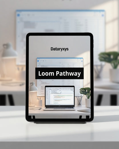 Tablet displaying 'Dataryxys Loom Pathway' on a blurred office background