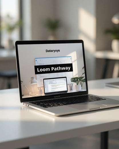 Laptop on a desk displaying the Dataryxs Loom Pathway software interface.