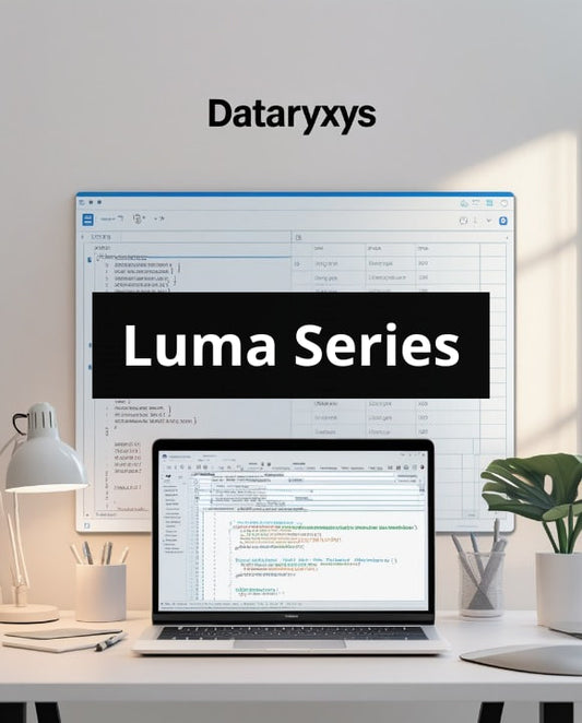 Dataryxys Luma Series software on a computer screen with a desk setup.
