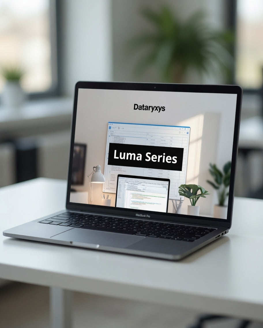 Laptop on a desk with Dataryxys Luma Series displayed on the screen