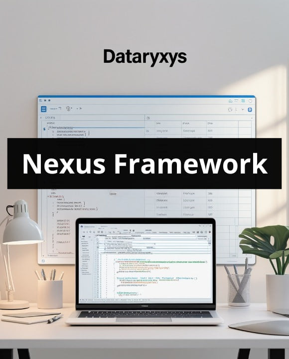 Laptop on a desk with Dataryxys Nexus Framework displayed on the screen