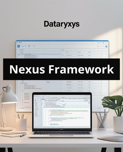 Laptop on a desk with Dataryxys Nexus Framework displayed on the screen