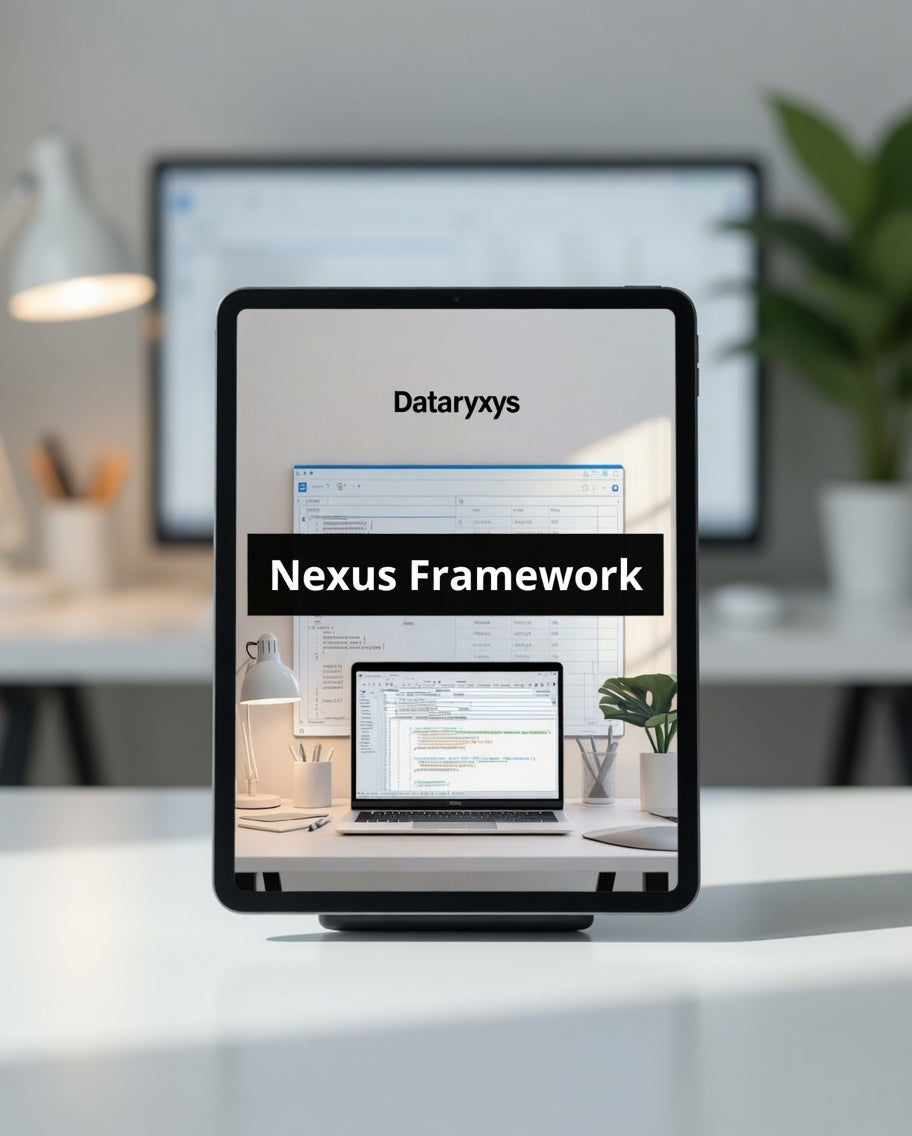 Tablet displaying Dataryxys Nexus Framework with a blurred office background