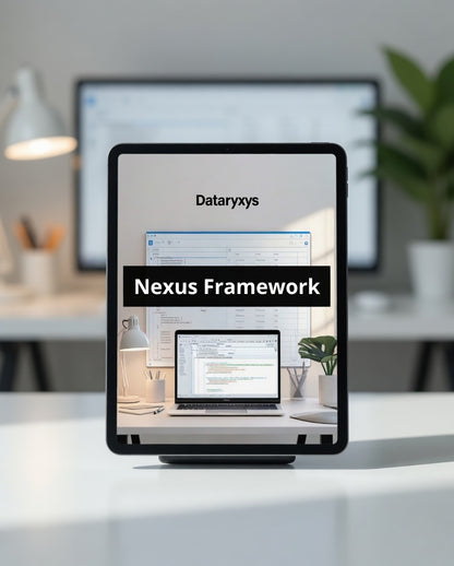 Tablet displaying Dataryxys Nexus Framework with a blurred office background