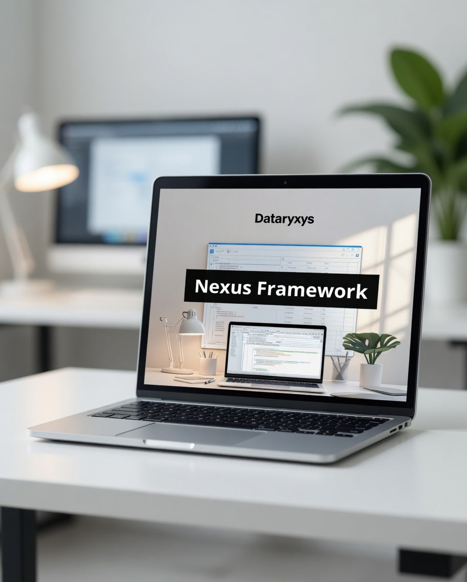 Laptop on a desk displaying the Dataryxys Nexus Framework on a blurred office background