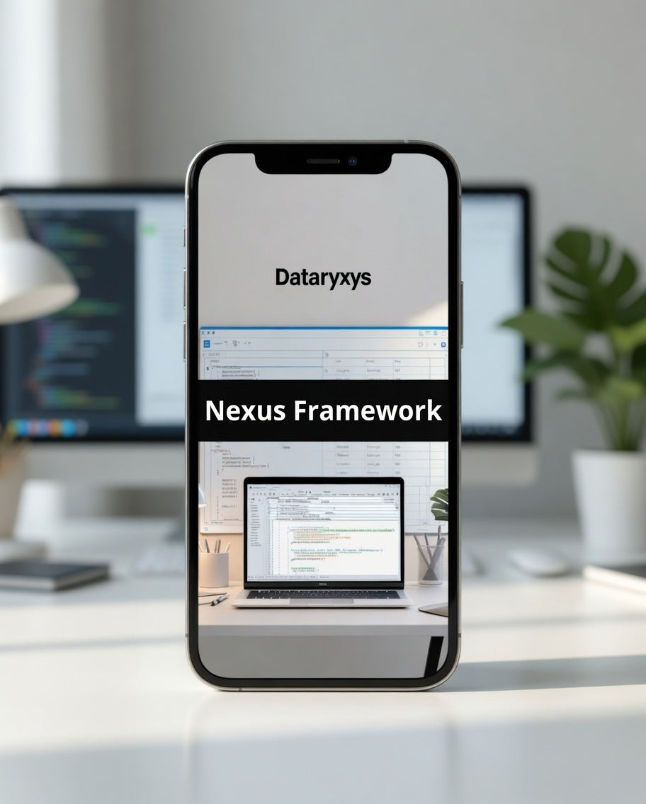 Phone displaying Dataryxys Nexus Framework with a blurred office background