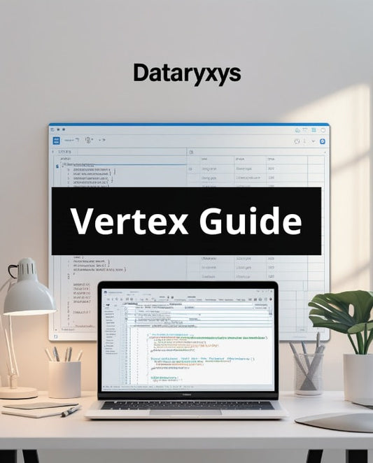Computer screen displaying 'Dataryxys Vertex Guide' on a desk with office items.